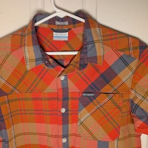 Columbia Men's SS Button Down Orange Red Plaid Shirt Small